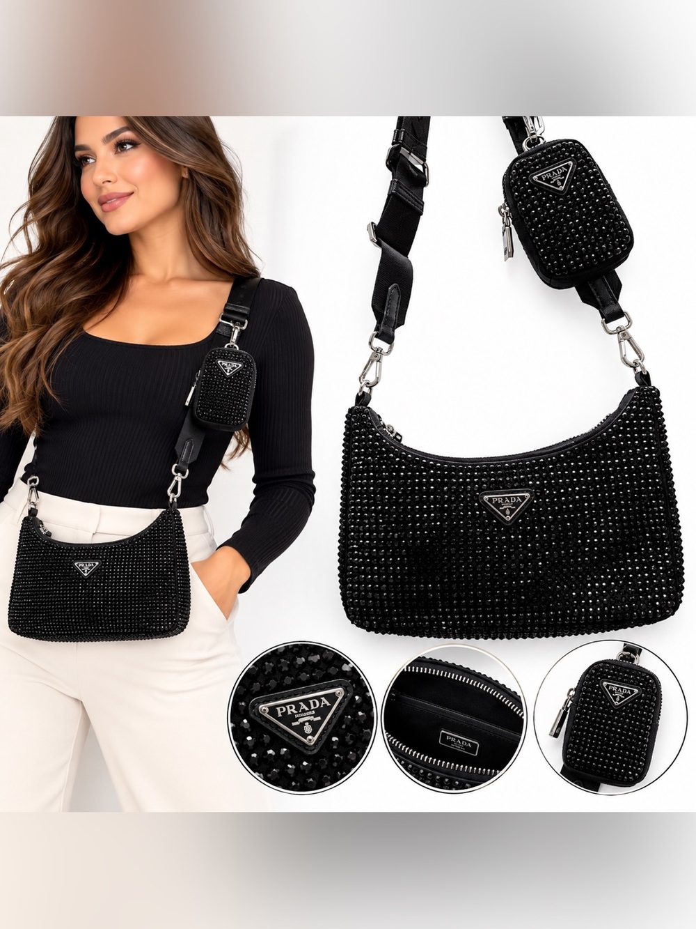 Prada Black Crystal-Studded Shoulder Bag with Mini Pouch
